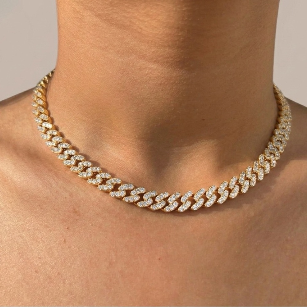 Gold Cuban Link Diamond Tennis Choker Necklace - Women Jewelry 16inch